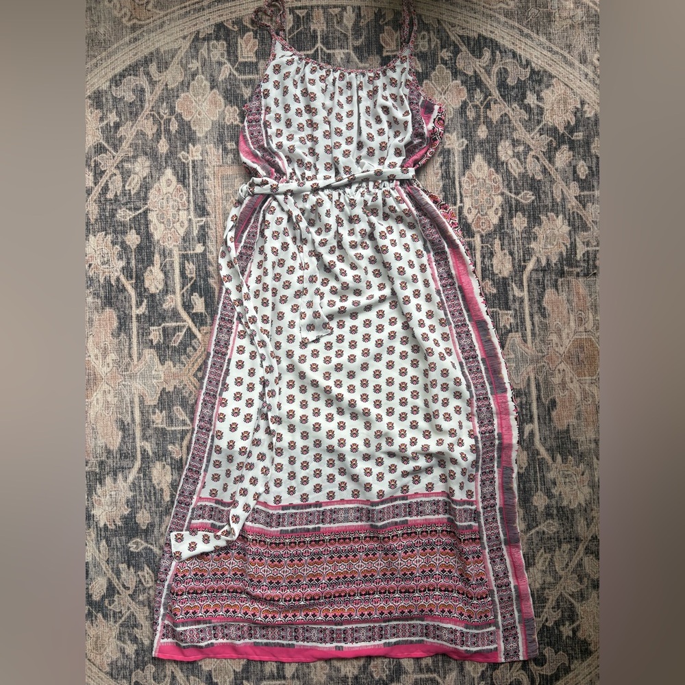 GAP White Maxi Dress with Pink Border and Pattern